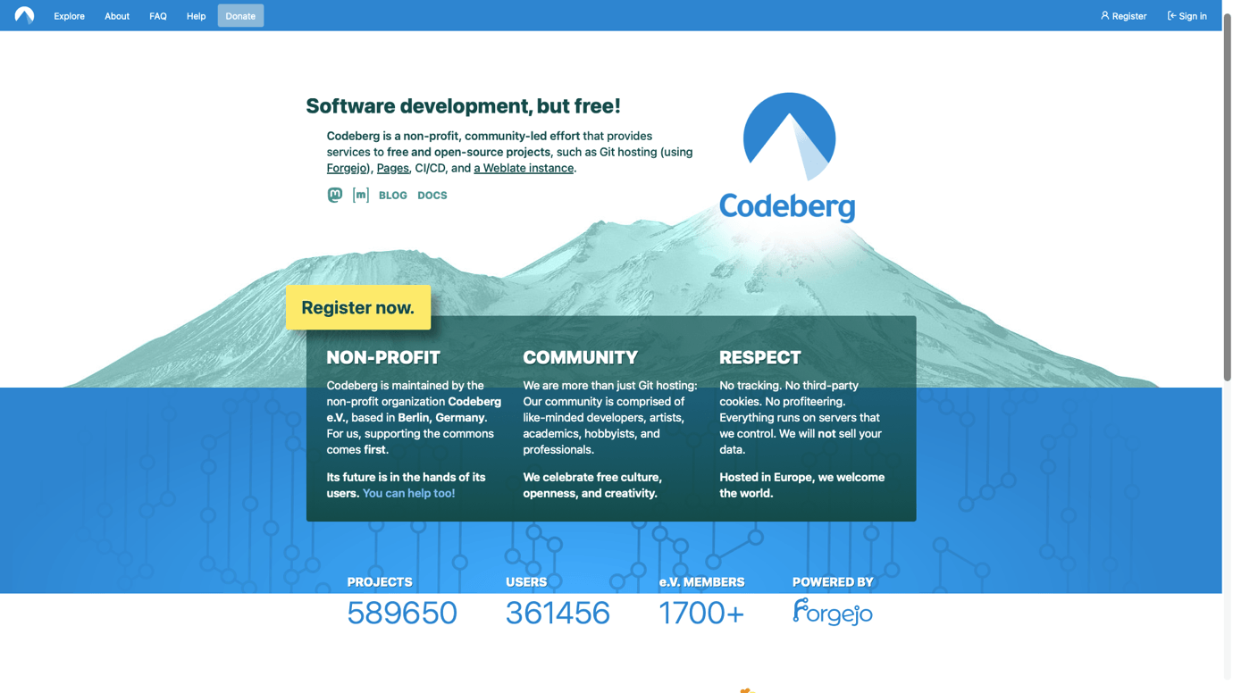 Screenshot of the Codeberg homepage