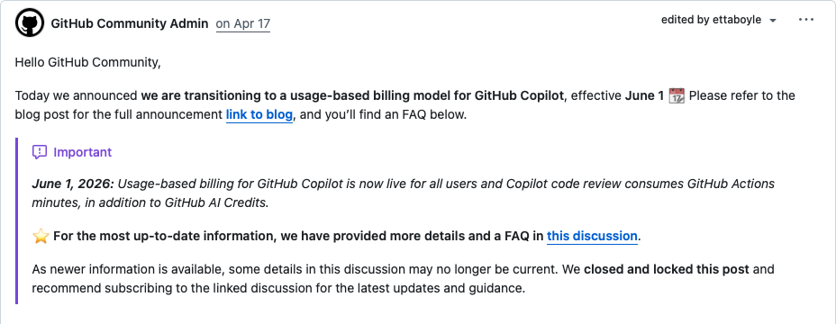 GitHub Community Admin post on April 17 announcing the transition to a usage-based billing model for GitHub Copilot.