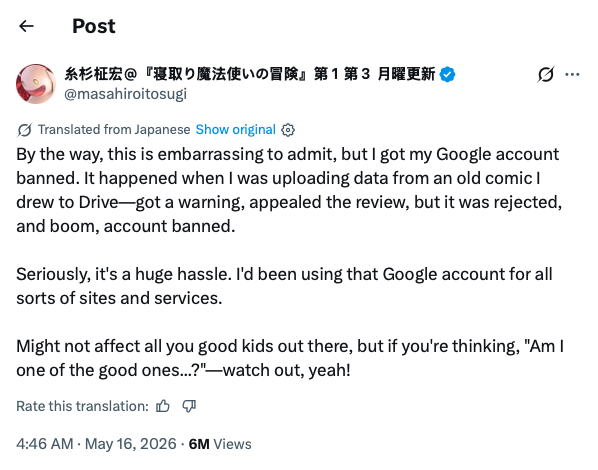 Screenshot of Matsahiro Itosugi's post on X gets locked out of his Google account