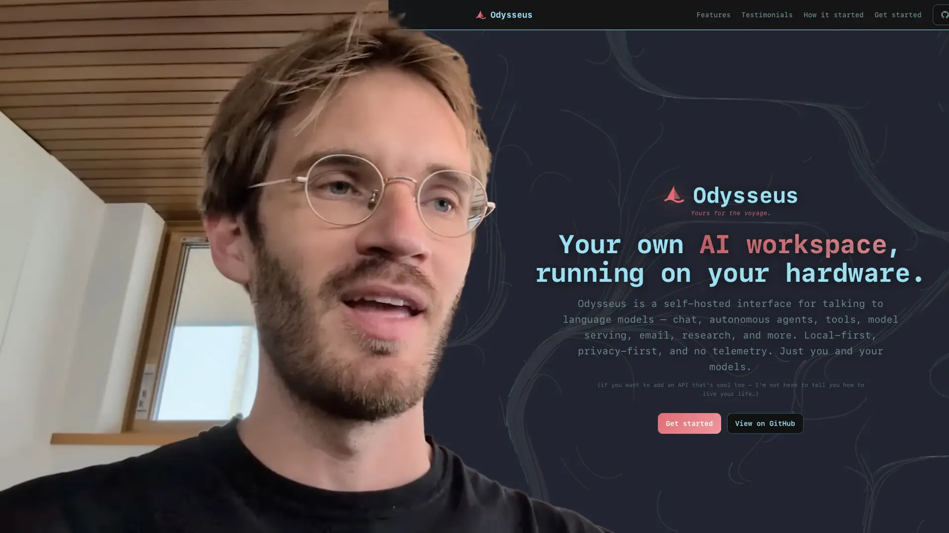 Screenshot of YouTuber PewDiePie and his free, open-source AI workspace tool Odysseus.