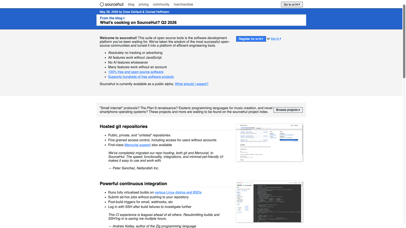 Screenshot of sourcehut homepage