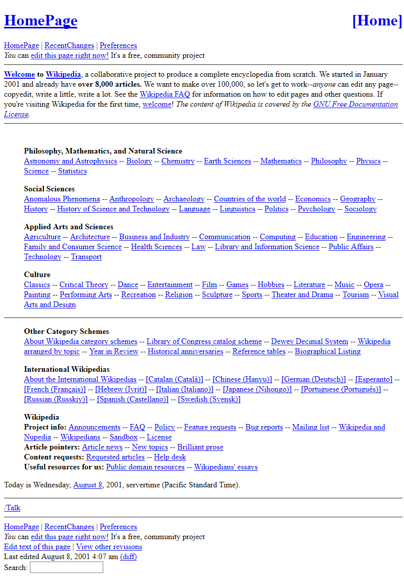 Wikipedia homepage 2001