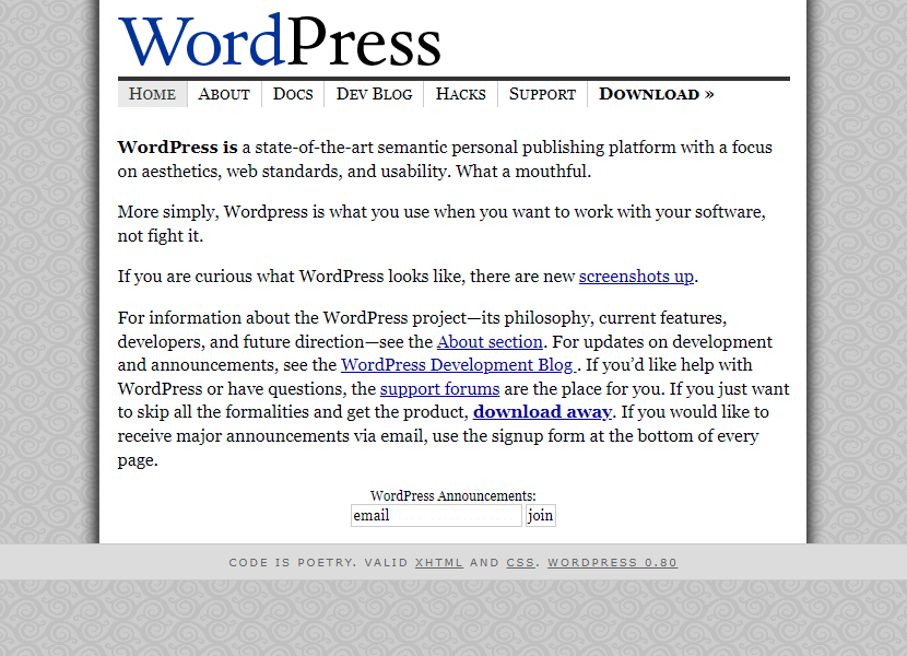 WordPress homepage 2003