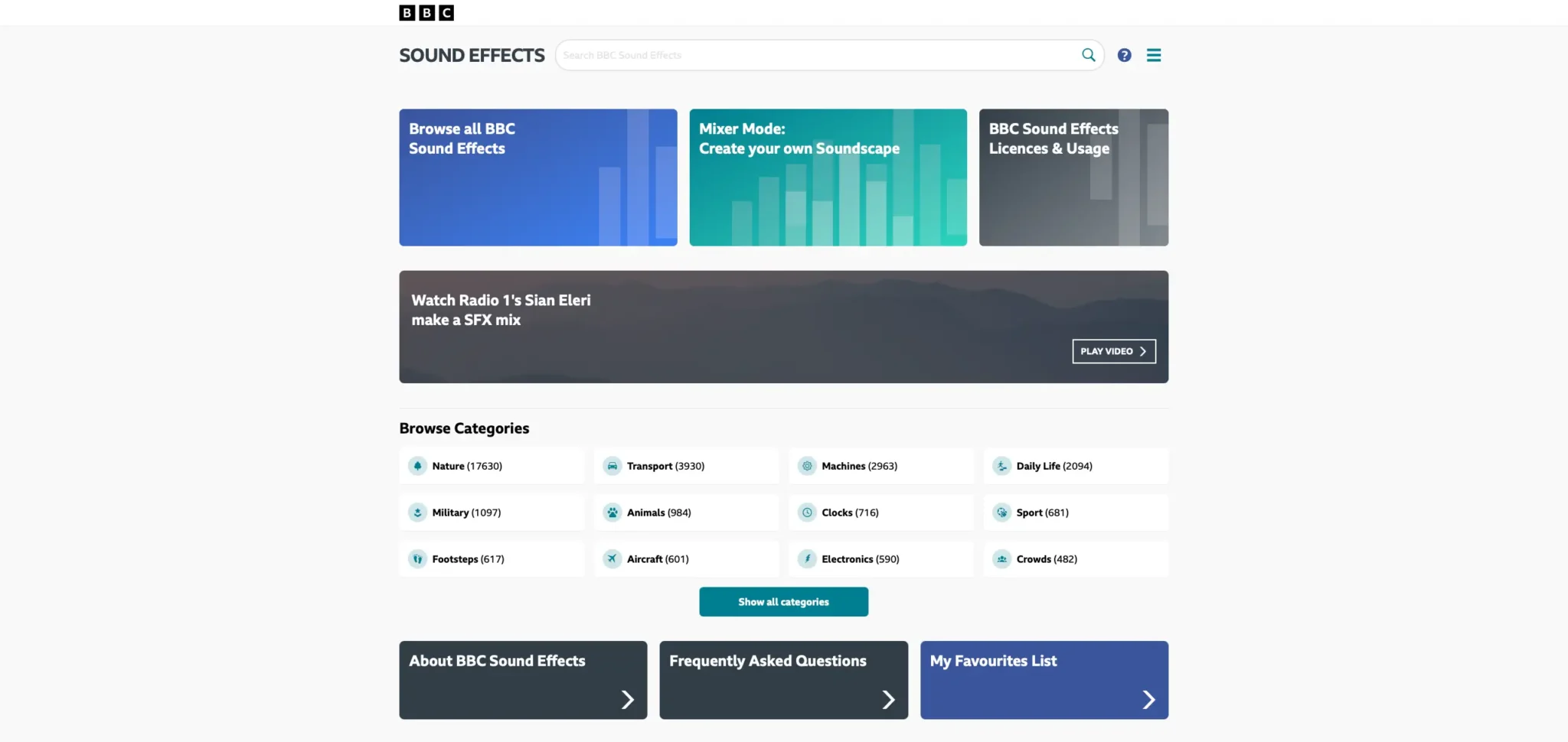 Screenshot of the BBC sound effects library web page