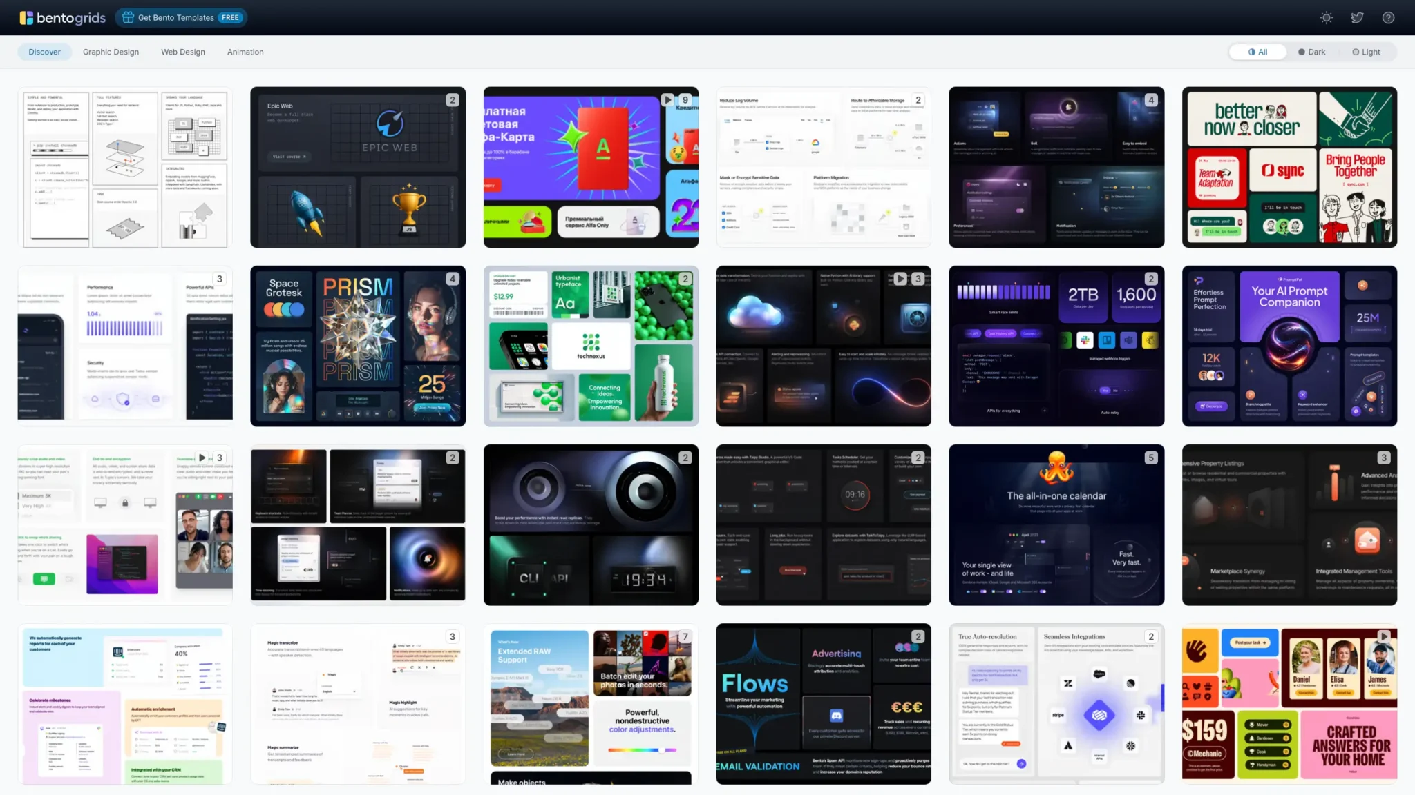 Screenshot of the Bento Grids home page.
