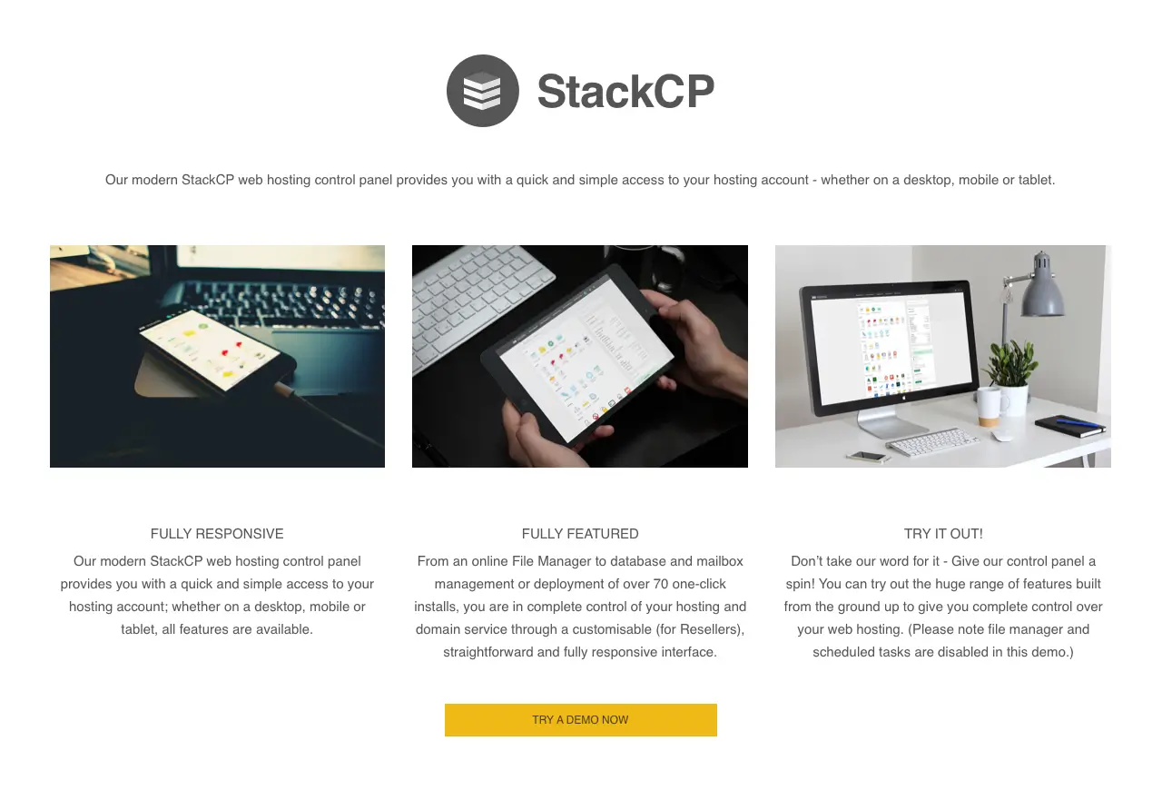 Screenshot of the StackCP section of the 20i.com homepage from 2016
