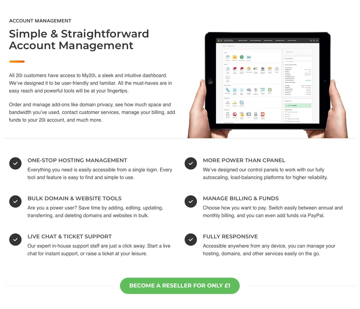 Screenshot of the Account Management section of the 20i.com homepage from 2017