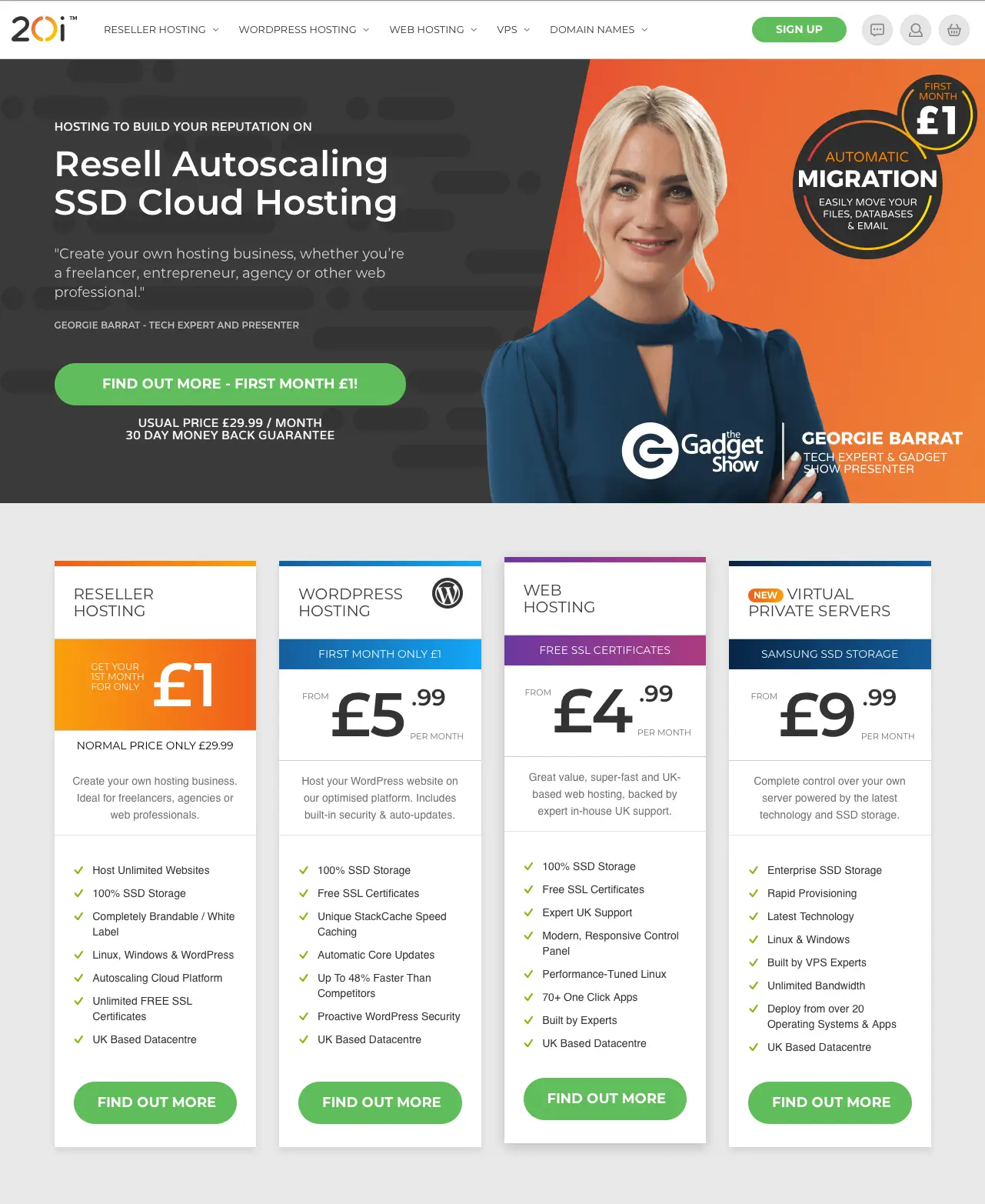 Screenshot of the 20i.com homepage from 2018