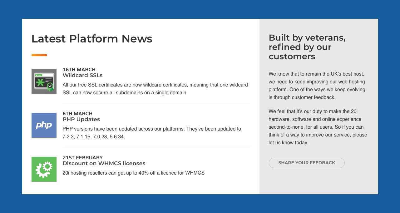 Screenshot of the Platform news section of the 20i.com homepage from 2018