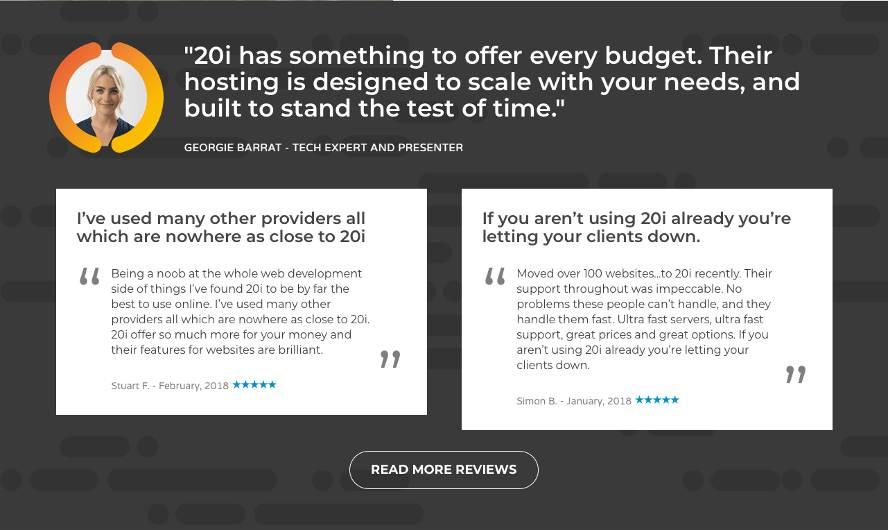 Screenshot of the Testiomonials section of the 20i.com homepage from 2018