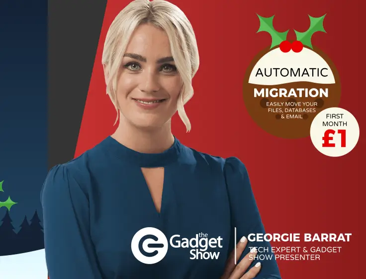 Screenshot of the Christmas-themed hero section of the 20i.com homepage from 2018