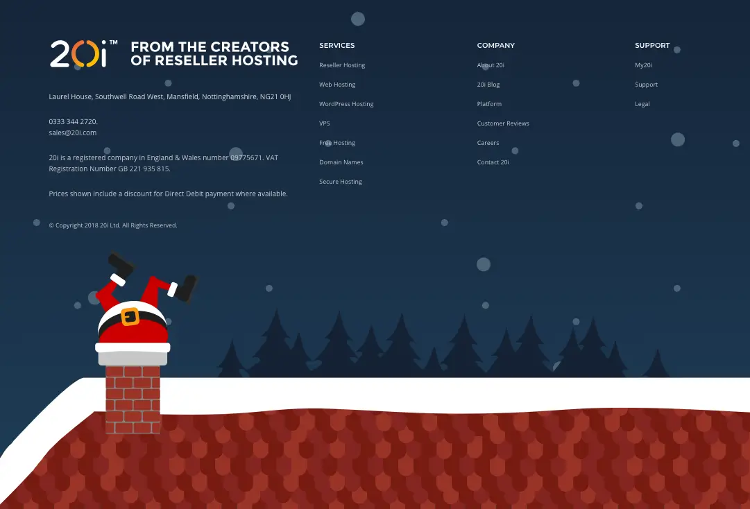 Screenshot of the footer of the Christmas-themed 20i.com homepage from 2018