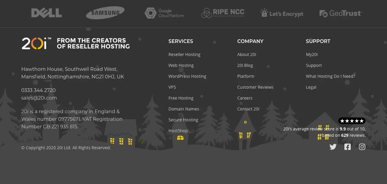 Screenshot of the footer of the Christmas-themed 20i.com homepage from 2019