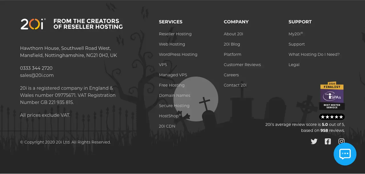 Screenshot of the Halloween-themed footer section of the 20i.com homepage from 2020