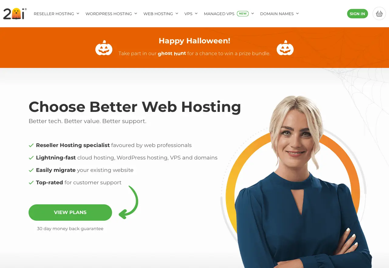 Screenshot of the Halloween-themed hero section of the 20i.com homepage from 2020