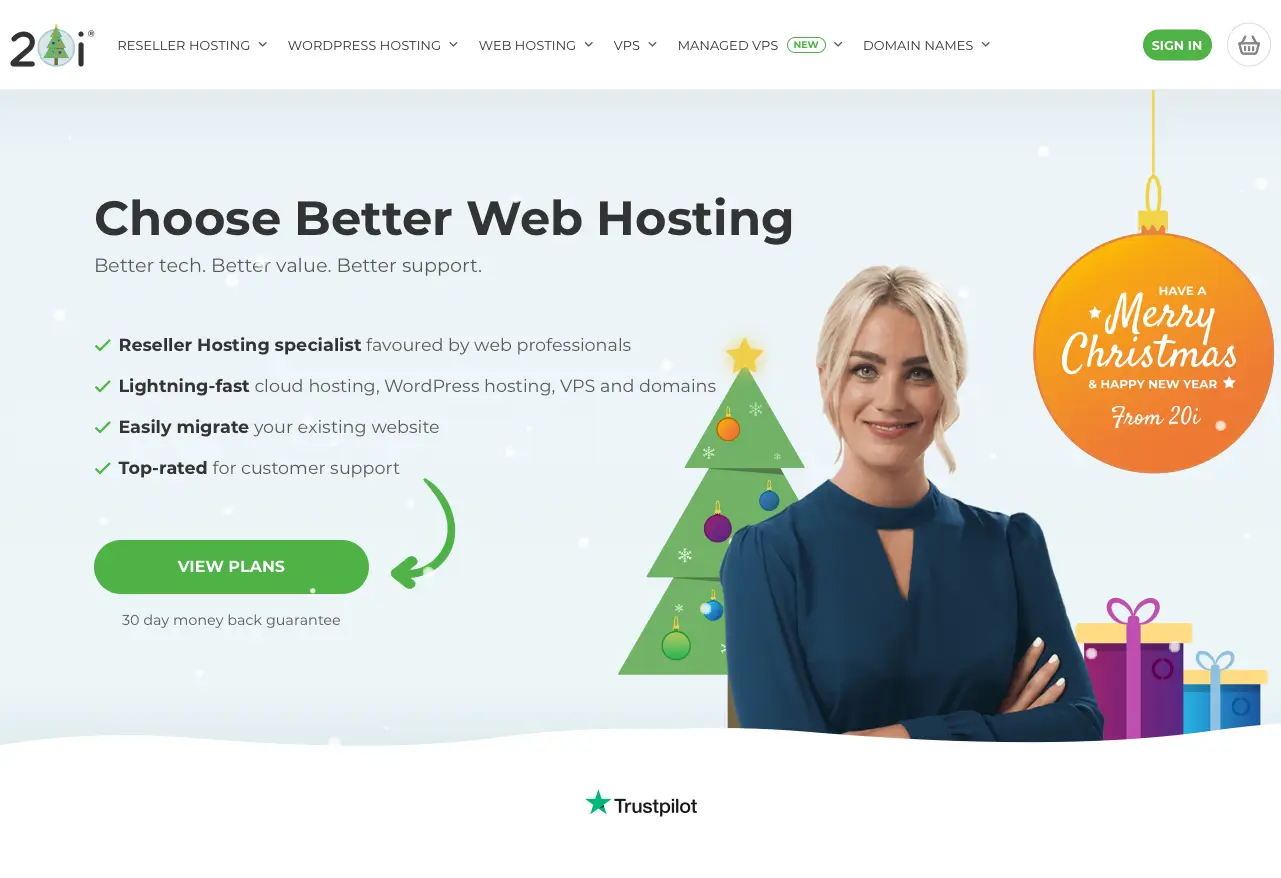 Screenshot of the Christmas-themed 20i.com homepage from 2020