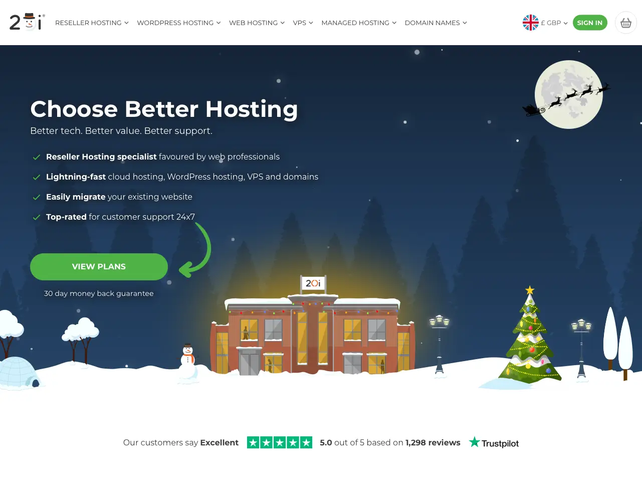 Screenshot of the Christmas-themed hero section of the 20i.com homepage from 2021