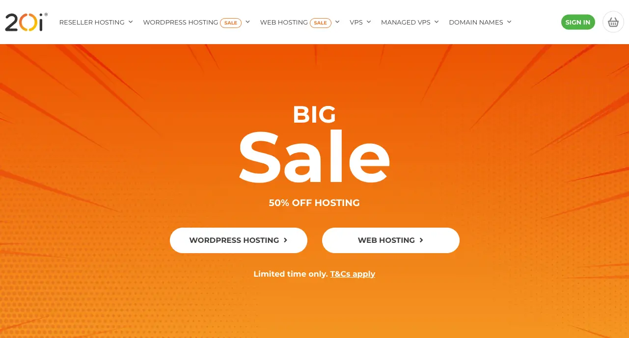 Screenshot of the Big Sale hero section of the 20i.com homepage from 2021
