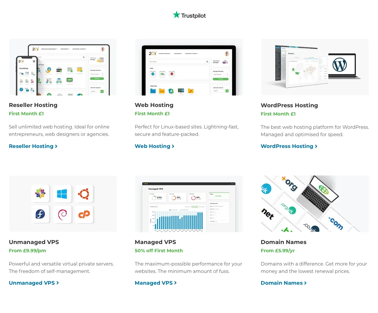 Screenshot of the product tiles section of the 20i.com homepage from 2021