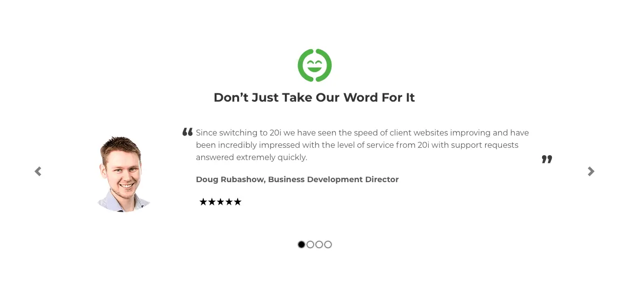 Screenshot of a customer testimonial from the 20i.com homepage from 2021
