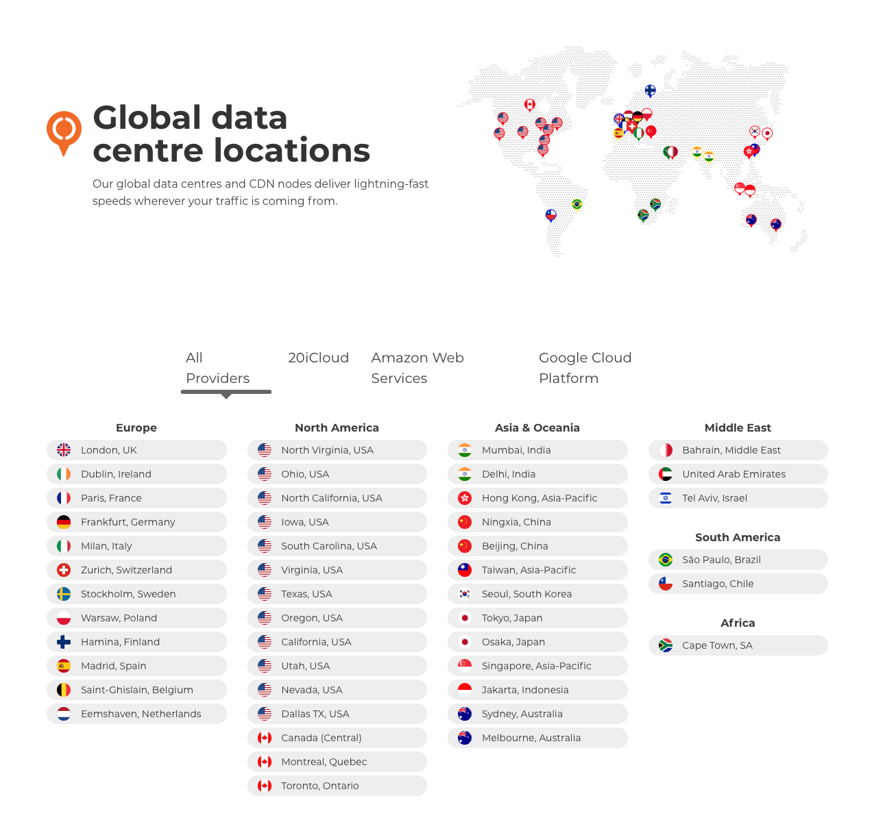 Screenshot of the Global Data Centres section of the 20i.com homepage from 2023