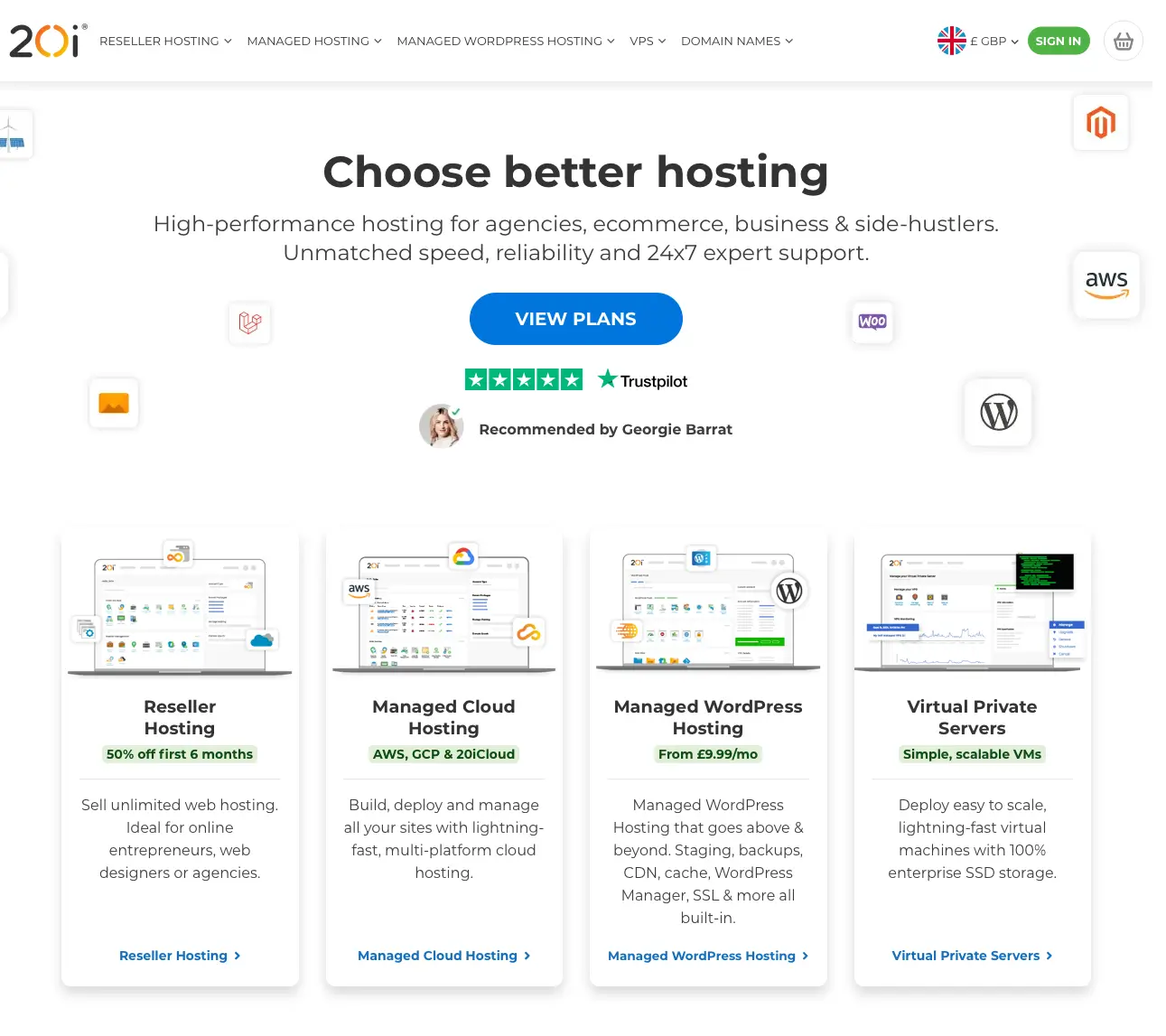Screenshot of the 20i.com homepage from 2023