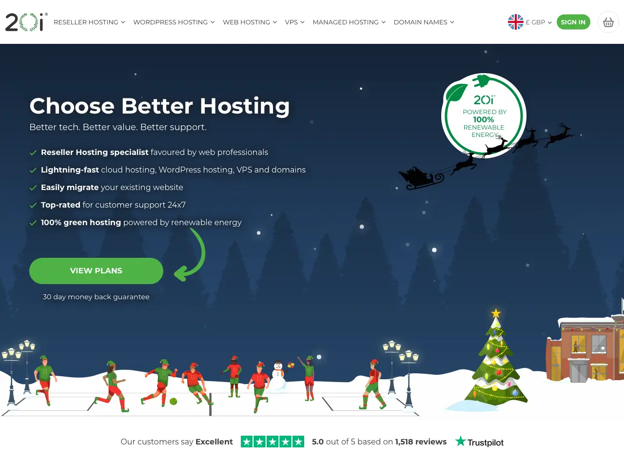 Screenshot of the Christmas-themed hero section of the 20i.com homepage from 2022