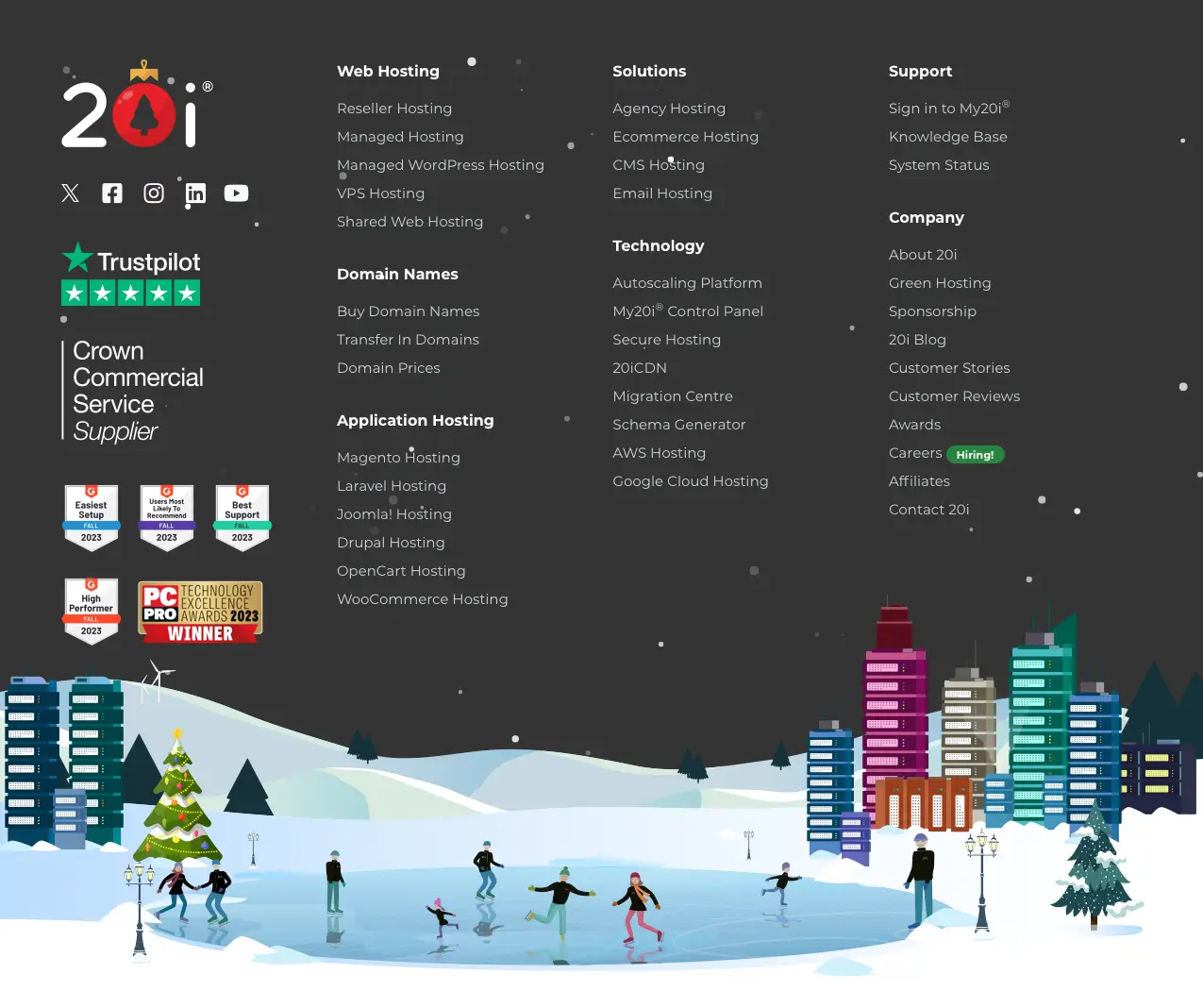 Screenshot of the Christmas-themed footer section of the 20i.com homepage from 2023