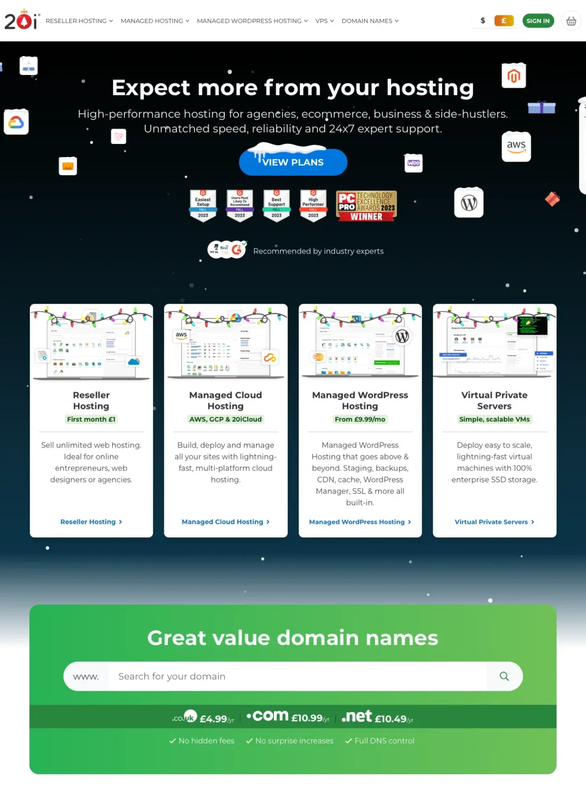 Screenshot of the Christmas-themed hero section of the 20i.com homepage from 2023