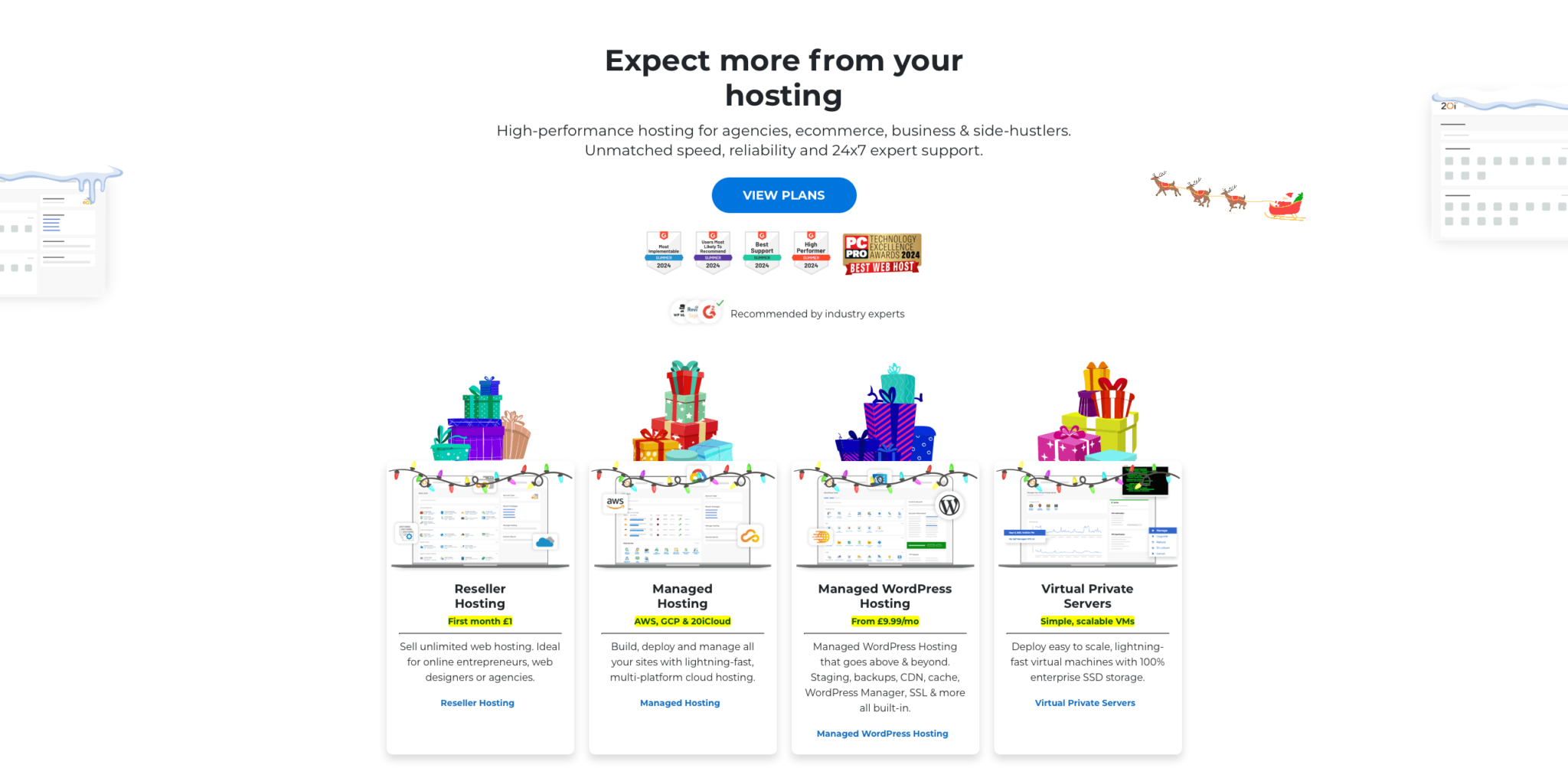 Screenshot of the Christmas-themed hero section of the 20i.com homepage from 2024