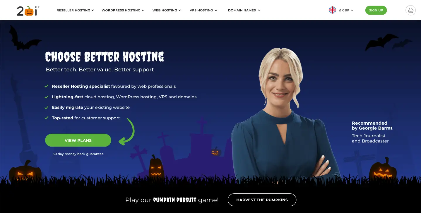 Screenshot of the Christmas-themed hero section of the 20i.com homepage from 2021