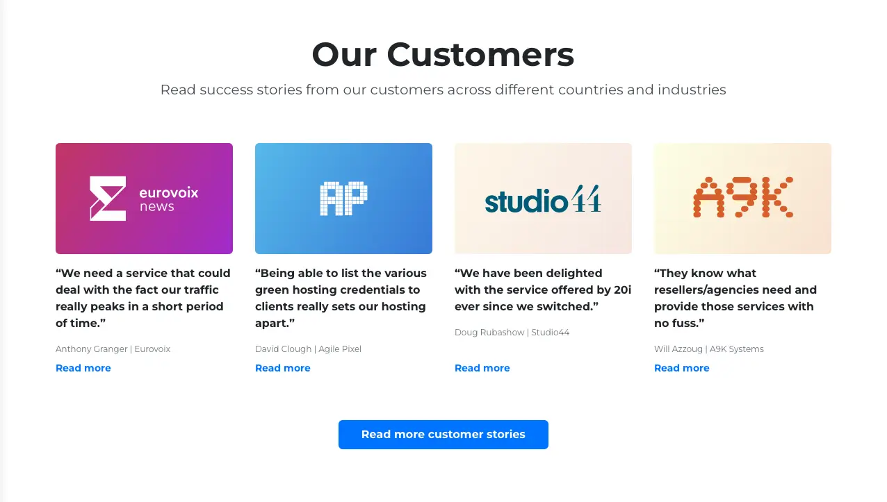 Screenshot of the Our Customers section of the 20i.com homepage that was first introduced in 2025