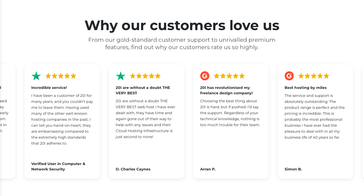 Screenshot of the Why our customers love us section of the 20i.com homepage from 2025