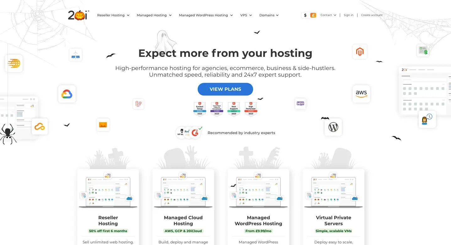 Screenshot of the Halloween-themed hero section of the 20i.com homepage from 2024