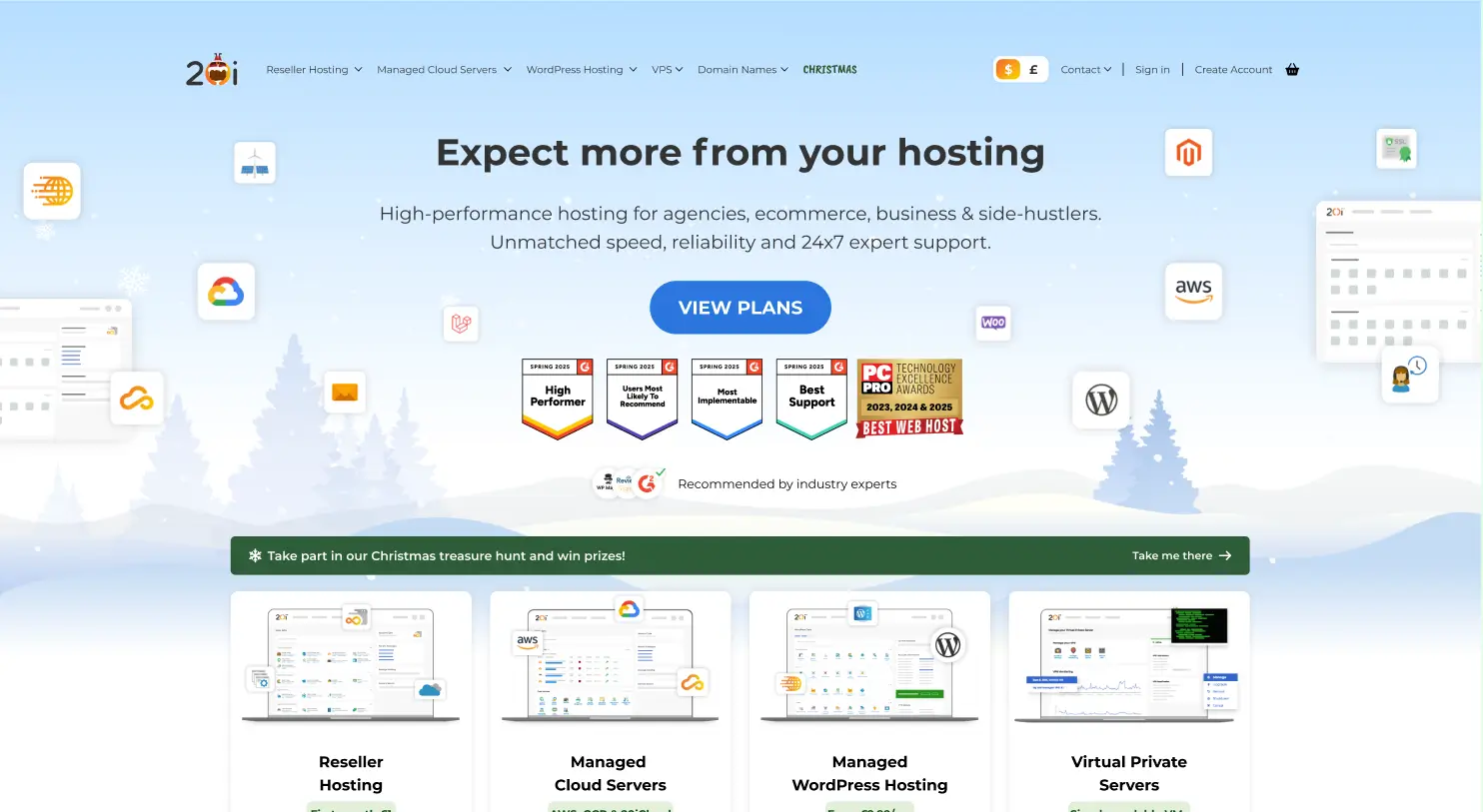 Screenshot of the Christmas-themed hero section of the 20i.com homepage from 2025