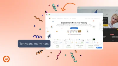 A decade of 20i Homepage designs. Ten years, many hats. The image features screenshots of old and recent versions of the 20i homepage and delightful, decorative confetti.
