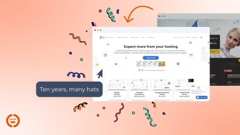 A decade of 20i Homepage designs. Ten years, many hats. The image features screenshots of old and recent versions of the 20i homepage and delightful, decorative confetti.