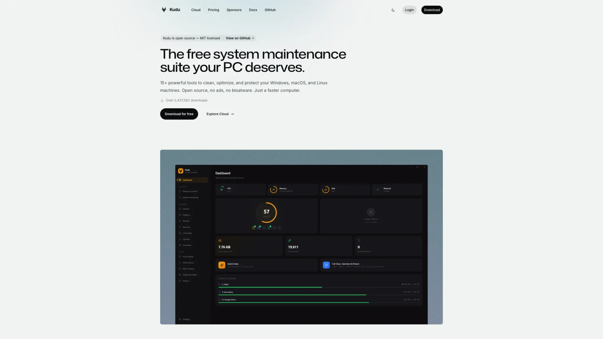 Screenshot of the Kudu homepage.